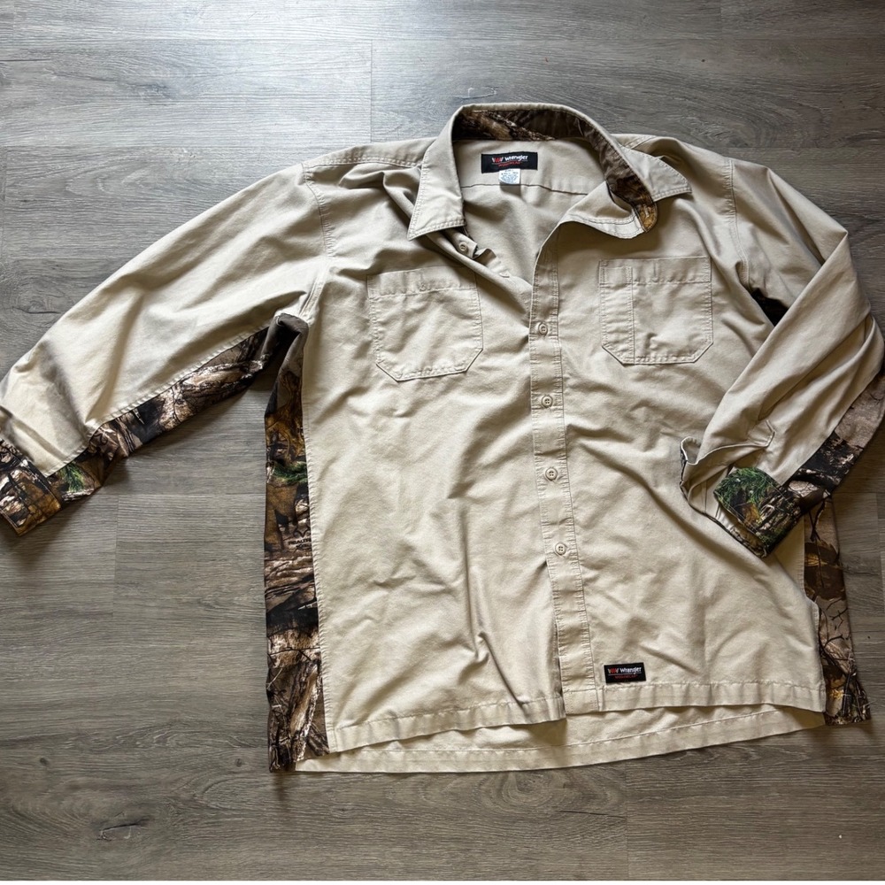 Wrangler Workwear Short‎ Sleeve Button Down Mens Size XXL Shirt Brown Camo